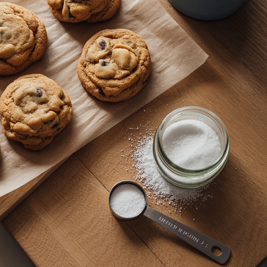 Golden-brown cookies next to a jar of white allulose crystals on a rustic wooden table