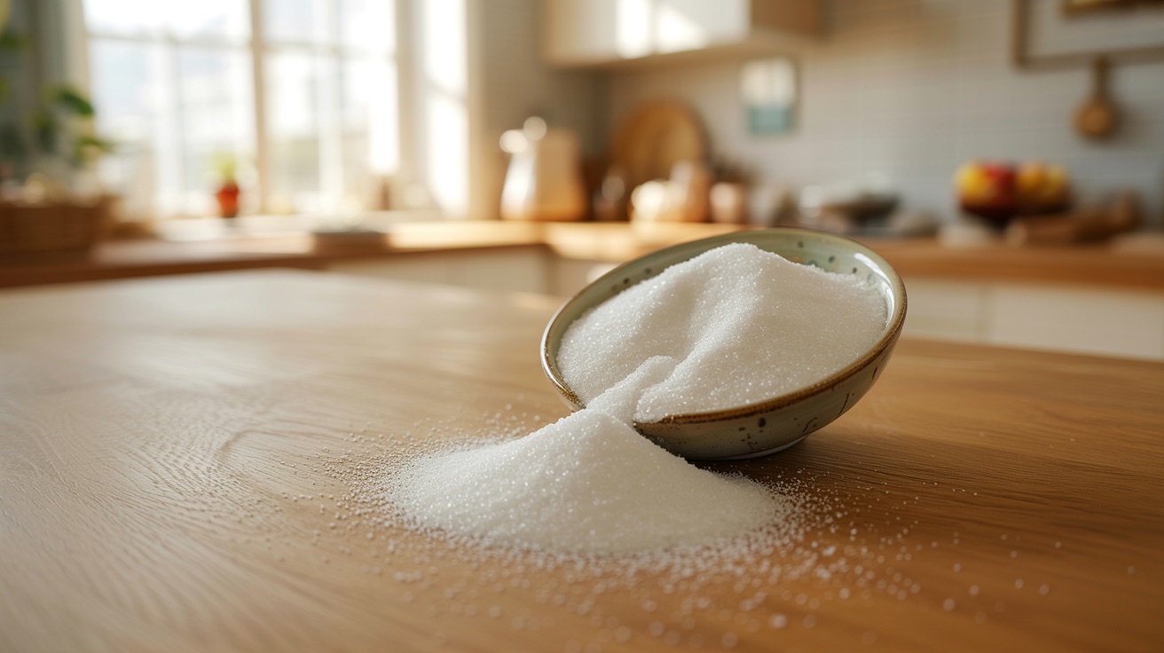 Crystalline allulose sweetener spilling from a ceramic bowl on a warm wooden table